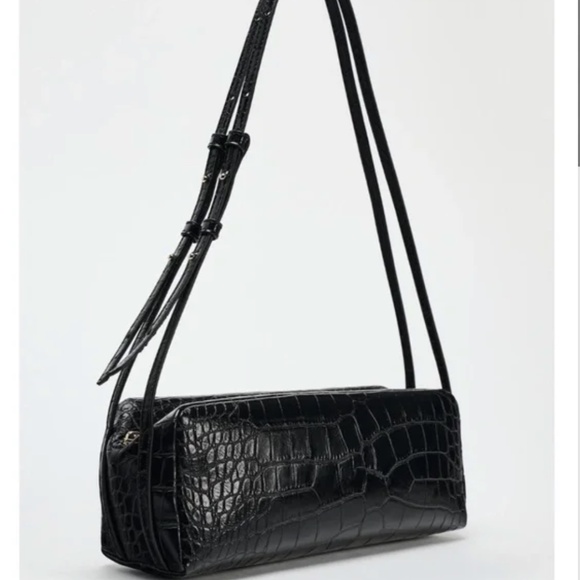 Zara black crock pattern east-west long baguette shoulder bag NWT - Picture 1 of 10